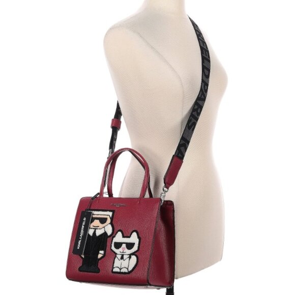 NWT Karl Lagerfeld Maybelle Cat Tote Dark Red with boucle applique Crossbody Bag - Picture 2 of 9